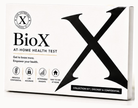 The bioX at-home collection kit, a white box with a large black X